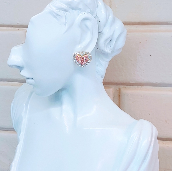 DOUBLE HEART PINK & CLEAR CUBIC ZIRCONIA SURGICAL STEEL STUD EARRINGS - Picture 3 of 9